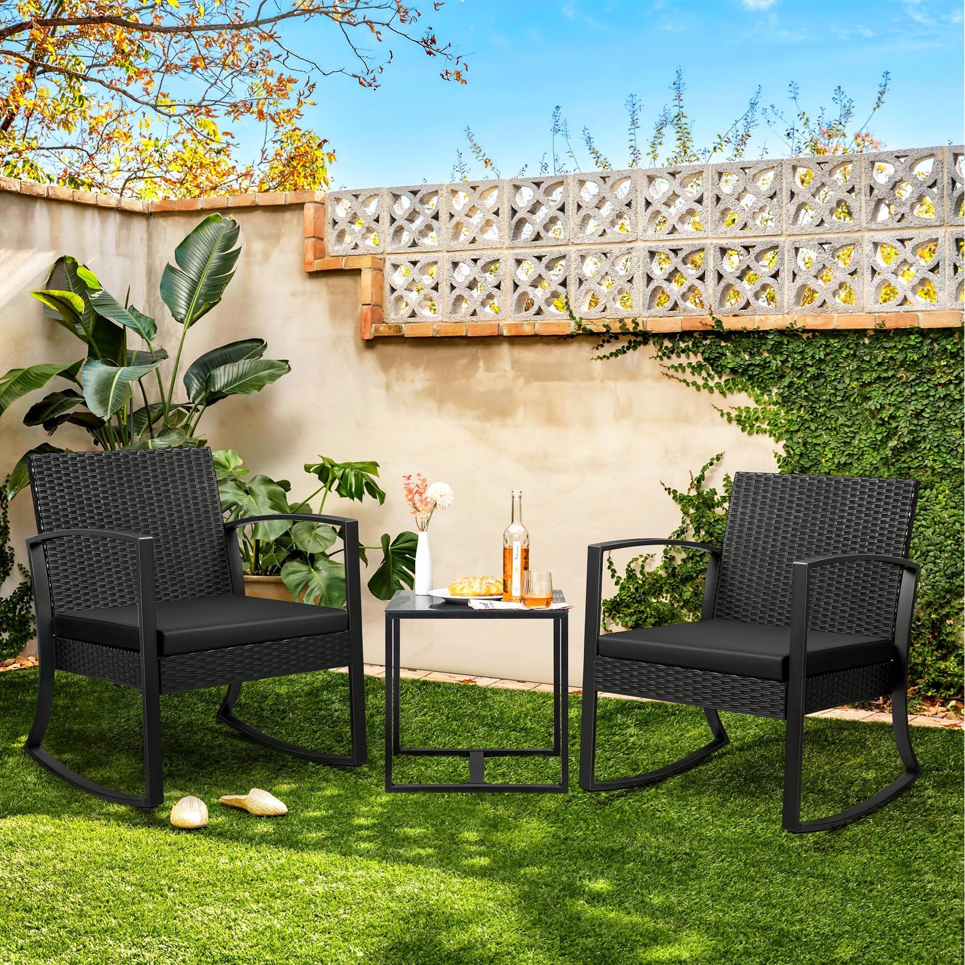 JUMMICO 3 Piece Patio Rocking Chair Set Outdoor Patio Furniture Set with Coffee Table and Cushions for Balcony Porch Bistro (Black) - CookCave