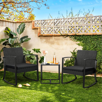 JUMMICO 3 Piece Patio Rocking Chair Set Outdoor Patio Furniture Set with Coffee Table and Cushions for Balcony Porch Bistro (Black) - CookCave