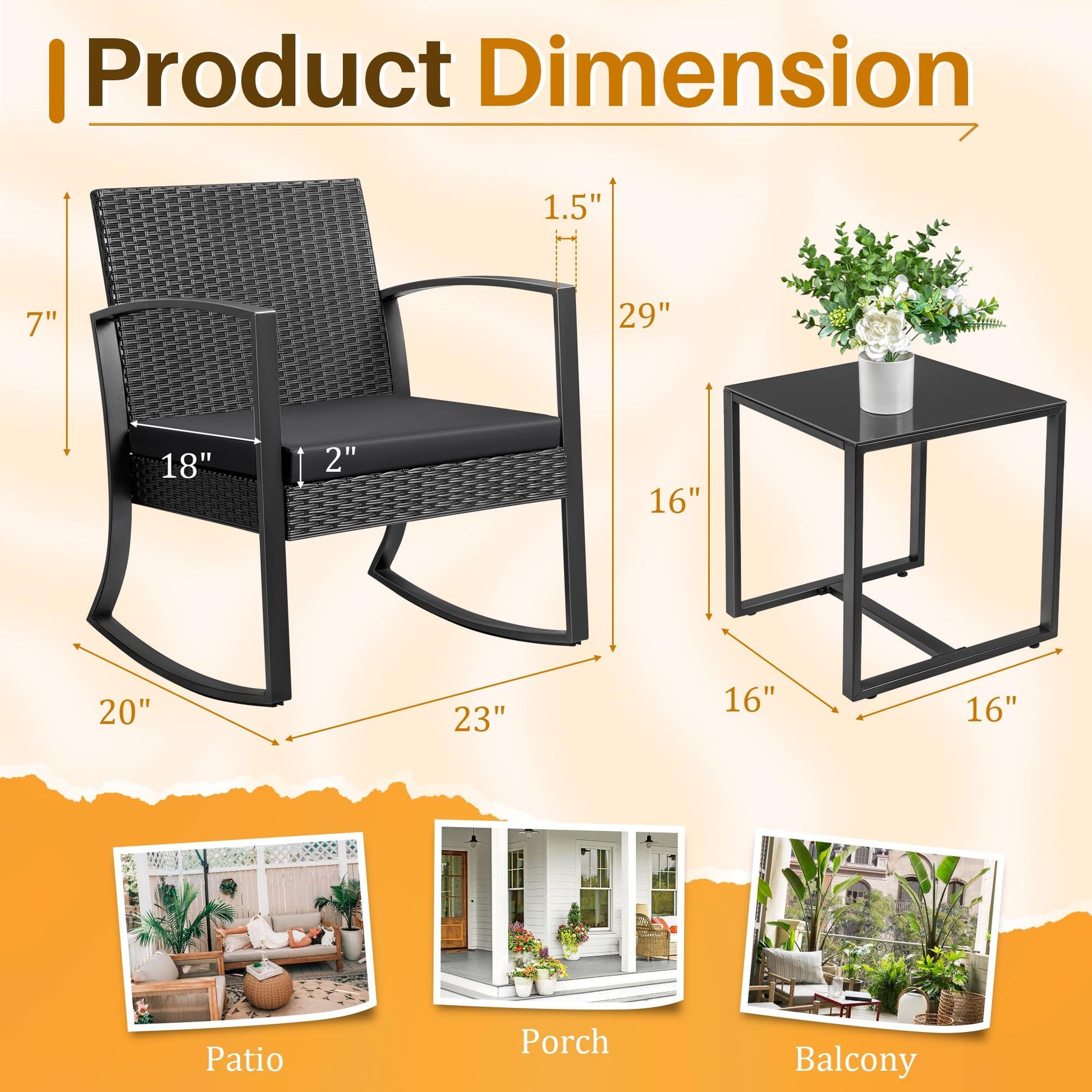 JUMMICO 3 Piece Patio Rocking Chair Set Outdoor Patio Furniture Set with Coffee Table and Cushions for Balcony Porch Bistro (Black) - CookCave