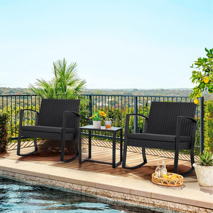 JUMMICO 3 Piece Patio Rocking Chair Set Outdoor Patio Furniture Set with Coffee Table and Cushions for Balcony Porch Bistro (Black) - CookCave