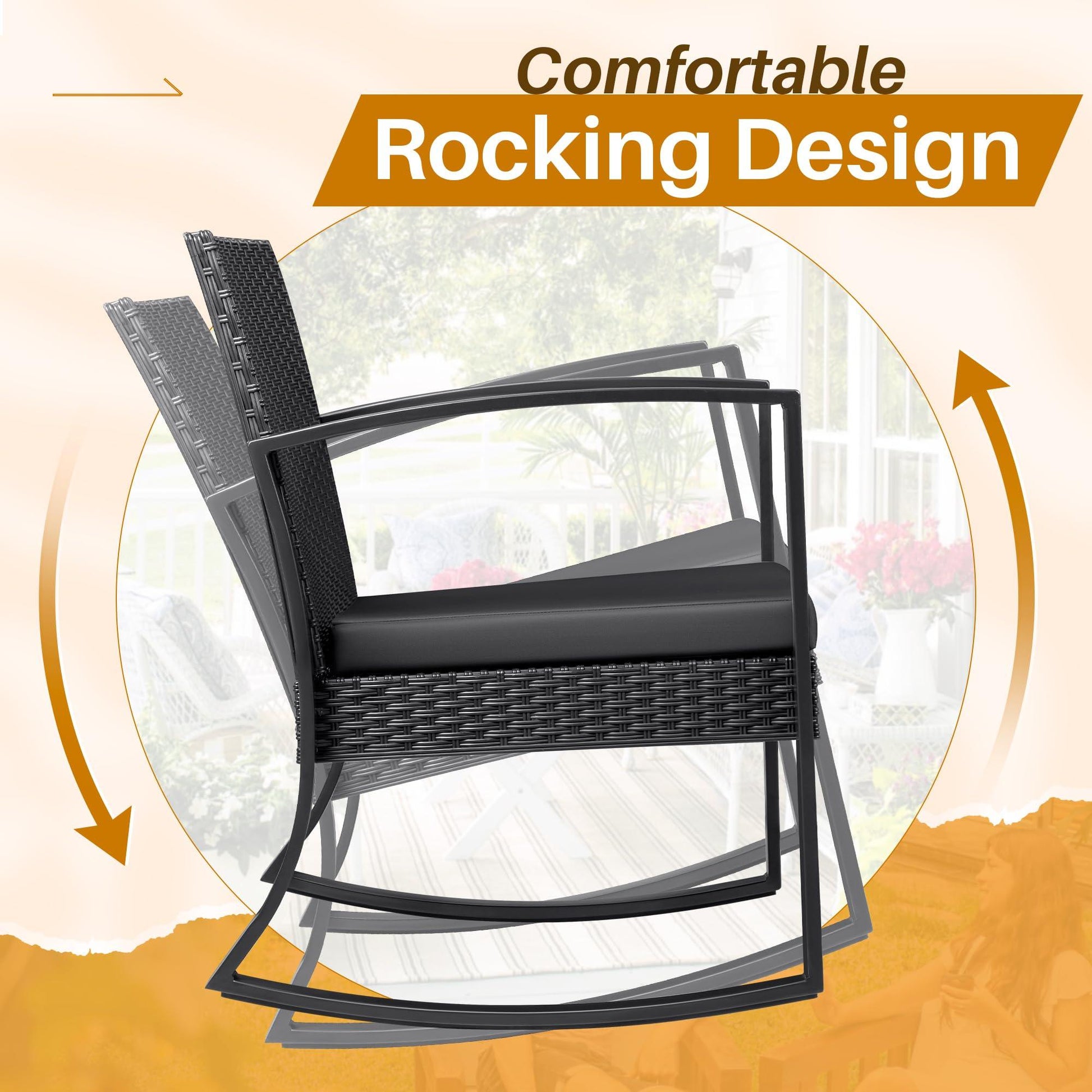 JUMMICO 3 Piece Patio Rocking Chair Set Outdoor Patio Furniture Set with Coffee Table and Cushions for Balcony Porch Bistro (Black) - CookCave