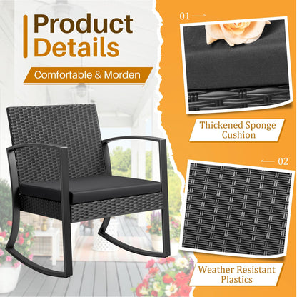 JUMMICO 3 Piece Patio Rocking Chair Set Outdoor Patio Furniture Set with Coffee Table and Cushions for Balcony Porch Bistro (Black) - CookCave