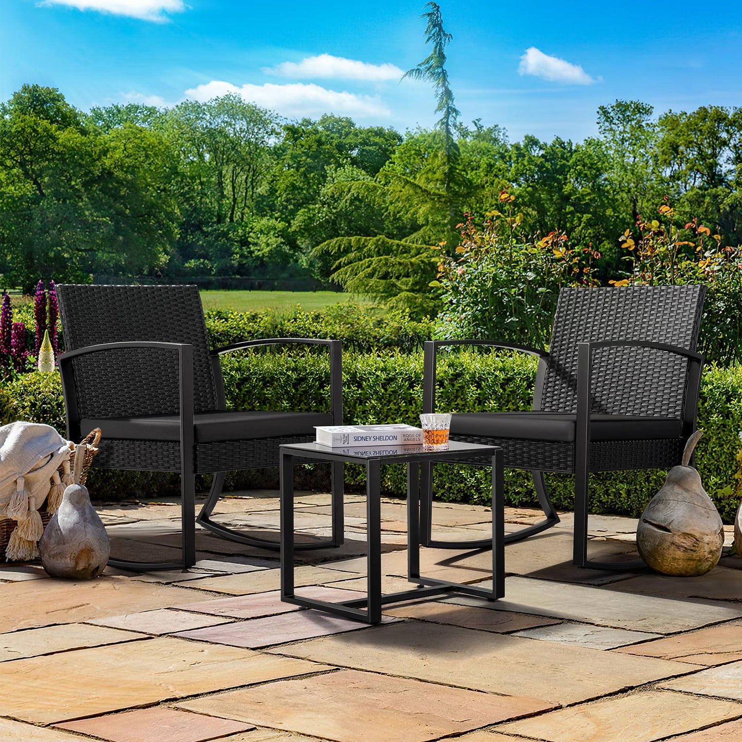 JUMMICO 3 Piece Patio Rocking Chair Set Outdoor Patio Furniture Set with Coffee Table and Cushions for Balcony Porch Bistro (Black) - CookCave