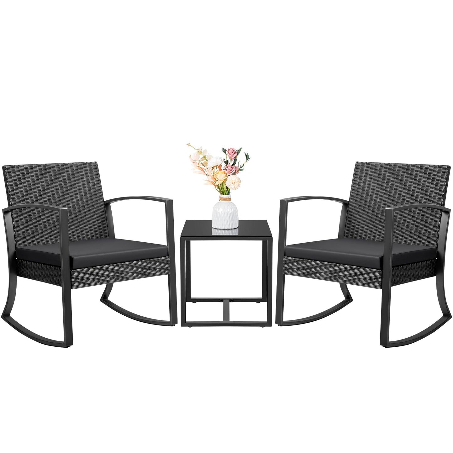 JUMMICO 3 Piece Patio Rocking Chair Set Outdoor Patio Furniture Set with Coffee Table and Cushions for Balcony Porch Bistro (Black) - CookCave
