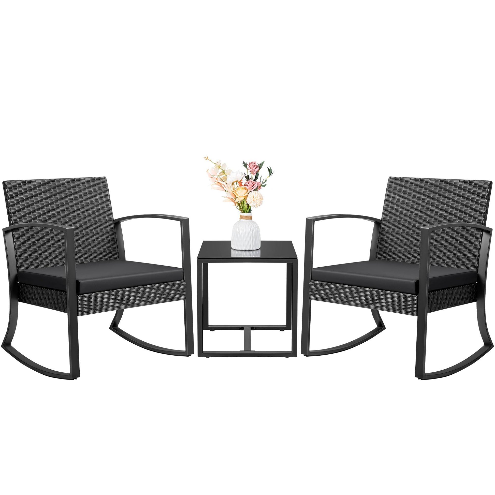 JUMMICO 3 Piece Patio Rocking Chair Set Outdoor Patio Furniture Set with Coffee Table and Cushions for Balcony Porch Bistro (Black) - CookCave