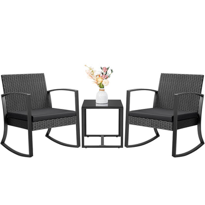 JUMMICO 3 Piece Patio Rocking Chair Set Outdoor Patio Furniture Set with Coffee Table and Cushions for Balcony Porch Bistro (Black) - CookCave