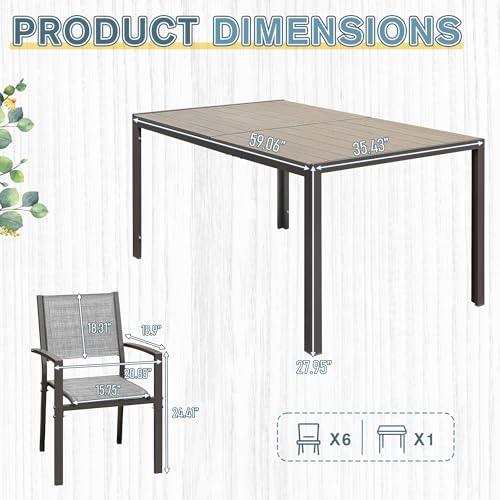 JUMMICO Outdoor Dining Set 7 Piece Patio Furniture Set with Weather Resistant Table and 6 Textilene Chairs for Yard, Deck and Poolside (Grey) - CookCave