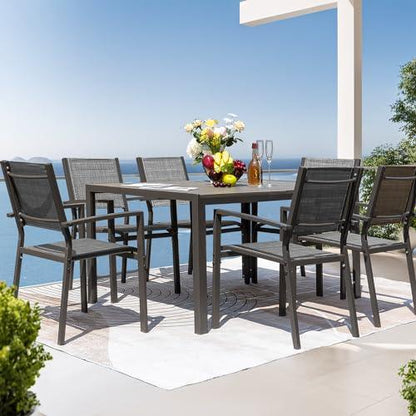 JUMMICO Outdoor Dining Set 7 Piece Patio Furniture Set with Weather Resistant Table and 6 Textilene Chairs for Yard, Deck and Poolside (Grey) - CookCave