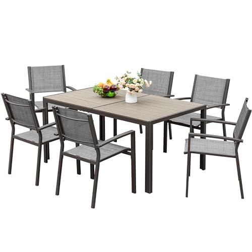 JUMMICO Outdoor Dining Set 7 Piece Patio Furniture Set with Weather Resistant Table and 6 Textilene Chairs for Yard, Deck and Poolside (Grey) - CookCave