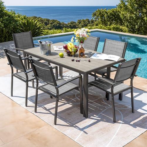 JUMMICO Outdoor Dining Set 7 Piece Patio Furniture Set with Weather Resistant Table and 6 Textilene Chairs for Yard, Deck and Poolside (Grey) - CookCave