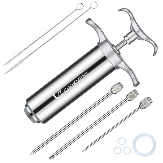 JY COOKMENT Meat Injector Syringe 2-oz Marinade Flavor Barrel 304 Stainless Steel with 3 Professional Needles 2 Cleaning Brushes and 4 Silicone O-Rings - CookCave