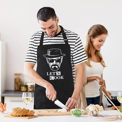 Kaidouma Funny Cooking Aprons for Men - Let’s Cook - Men's Black Funny Kitchen Chef Grilling BBQ Aprons with 2 Pockets - Birthday Father’s Day Christmas Gifts for Dad, Husband, Boyfriend, Movie Fans - CookCave