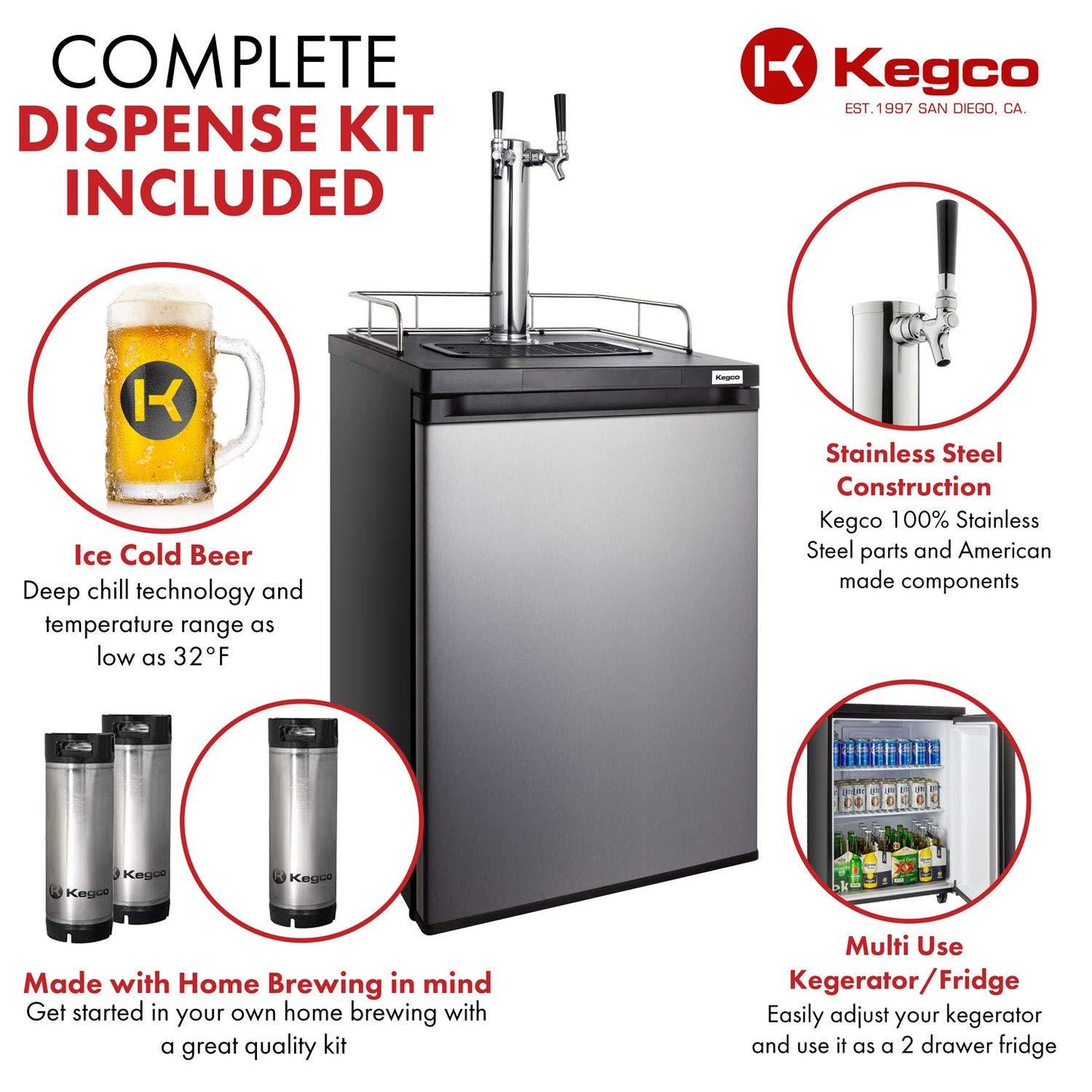 Kegco HBK209S-2 Keg Dispenser, stainless steel,2 Faucet without Kegs - CookCave
