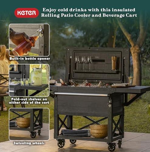 Keter 89.8 Quart Standing Rolling Patio Outdoor Cooler and Insulated Beverage Cart with Fold Down Glass Shelf and Built in Bottle Opener, Gray - CookCave