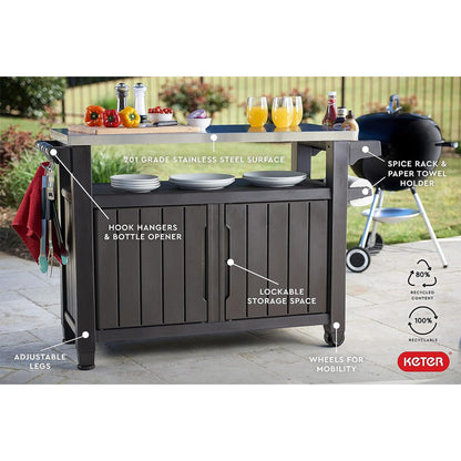 Keter Unity XL Outdoor Kitchen Island Rolling Cart Bar Table & Storage Cabinet, Grill Station with Utensil Hooks for Grilling Accessories, Brown - CookCave