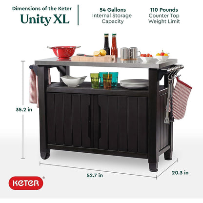 Keter Unity XL Outdoor Kitchen Island Rolling Cart Bar Table & Storage Cabinet, Grill Station with Utensil Hooks for Grilling Accessories, Brown - CookCave