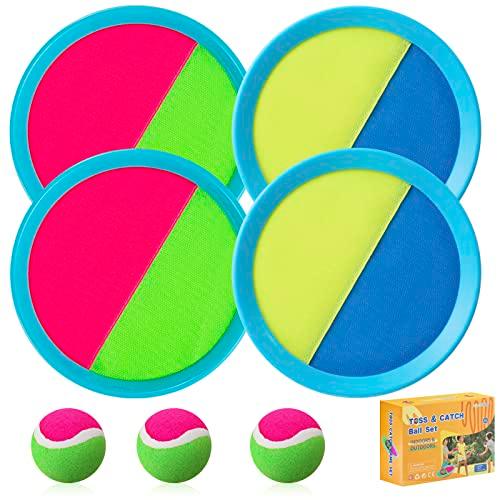 Kids Toys - Outdoor Games, Beach Toys, Toss and Ball Set with 4 Paddles and 3 Balls, Perfect Beach Games Sets Playground Sets for Backyards Easter Gifts for Kids/Adults/Family (Blue+Light Yellow) - CookCave