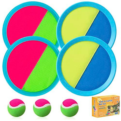 Kids Toys - Outdoor Games, Beach Toys, Toss and Ball Set with 4 Paddles and 3 Balls, Perfect Beach Games Sets Playground Sets for Backyards Easter Gifts for Kids/Adults/Family (Blue+Light Yellow) - CookCave