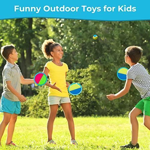 Kids Toys - Outdoor Games, Beach Toys, Toss and Ball Set with 4 Paddles and 3 Balls, Perfect Beach Games Sets Playground Sets for Backyards Easter Gifts for Kids/Adults/Family (Blue+Light Yellow) - CookCave