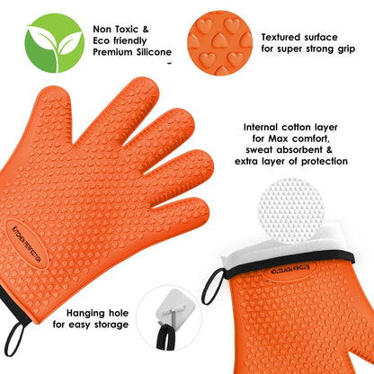 KITCHEN PERFECTION Silicone Smoker Oven Gloves -Extreme Heat Resistant BBQ Gloves -Handle Hot Food Right on Your Grill Fryer Pit|Waterproof Oven Mitts |Superior Value Set+3 Bonuses - CookCave