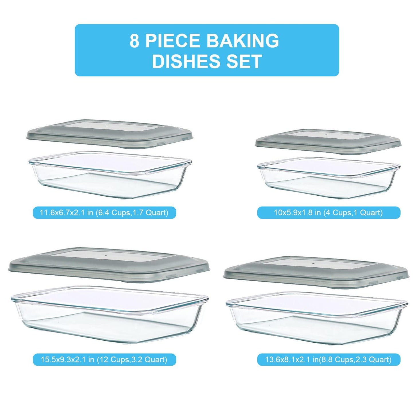 KOMUEE 8 Pieces Glass Baking Dish with Lids Rectangular Glass Baking Pan Bakeware Set with BPA Free Lids, Baking Pans for Lasagna, Leftovers, Cooking, Kitchen, Fridge-to-Oven, Gray - CookCave