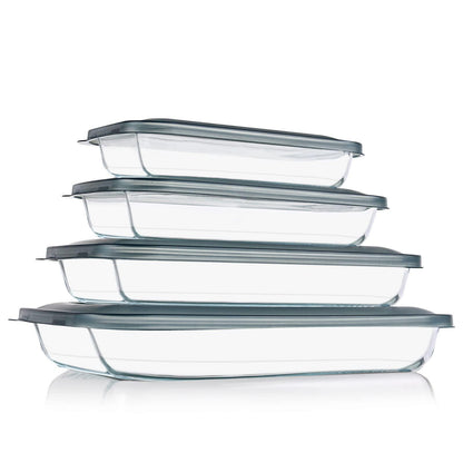 KOMUEE 8 Pieces Glass Baking Dish with Lids Rectangular Glass Baking Pan Bakeware Set with BPA Free Lids, Baking Pans for Lasagna, Leftovers, Cooking, Kitchen, Fridge-to-Oven, Gray - CookCave