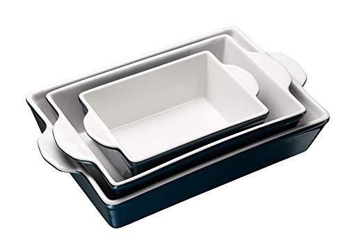 Kook Ceramic Bakeware Set, Rectangular Baking Dishes, For Casseroles, Lasagna, Cake, Small, Medium & Large Pans, Microwave & Dishwasher Safe, Set of 3 (Navy) - CookCave