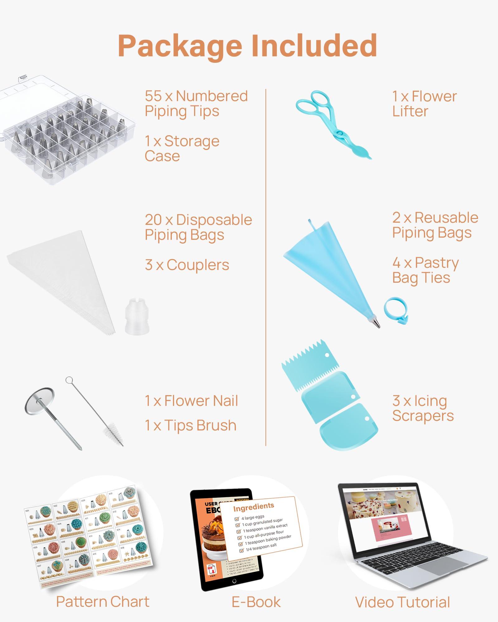 Kootek 90pc Cake Decorating Supplies Kit - 55 Numbered Piping Tips, Reusable & Disposable Pastry Bags for Cake, Cookie and Cupcake Frosting - CookCave