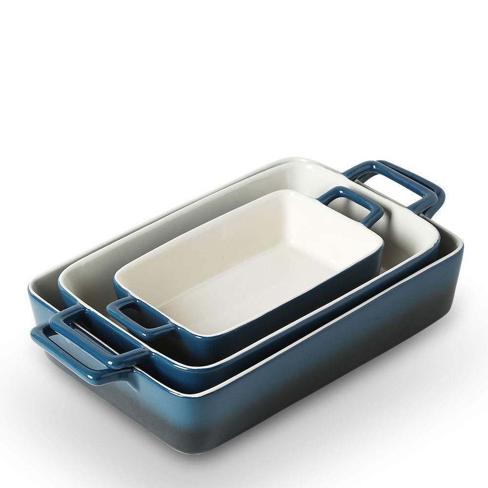 KOOV Bakeware Set, Ceramic Baking Dish, Rectangular Baking Pans Set, Casserole Dish for Cooking, Cake Dinner, Kitchen, Wrapping Upgrade, 12 x 8.5 Inches, 3-Piece (Gradient Blue) - CookCave
