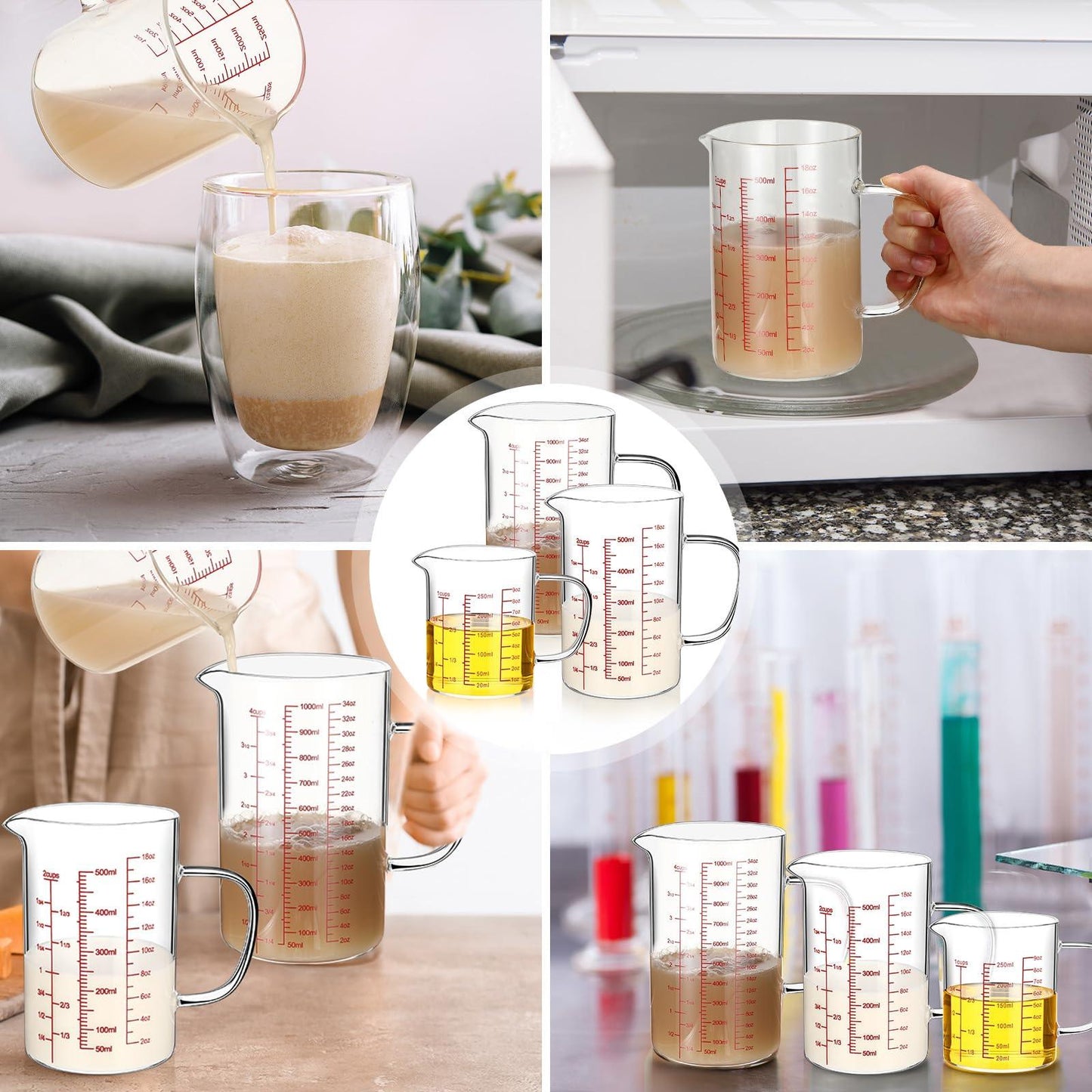 Lallisa 3 Pack High Borosilicate Glass Measuring Cups with Handle and V Shaped Spout with 3 Scales (Oz, Cup, Ml) for Kitchen Restaurant, Easy to Read, 4 Cup, 2 Cup, 1 Cup (Red Scale) - CookCave