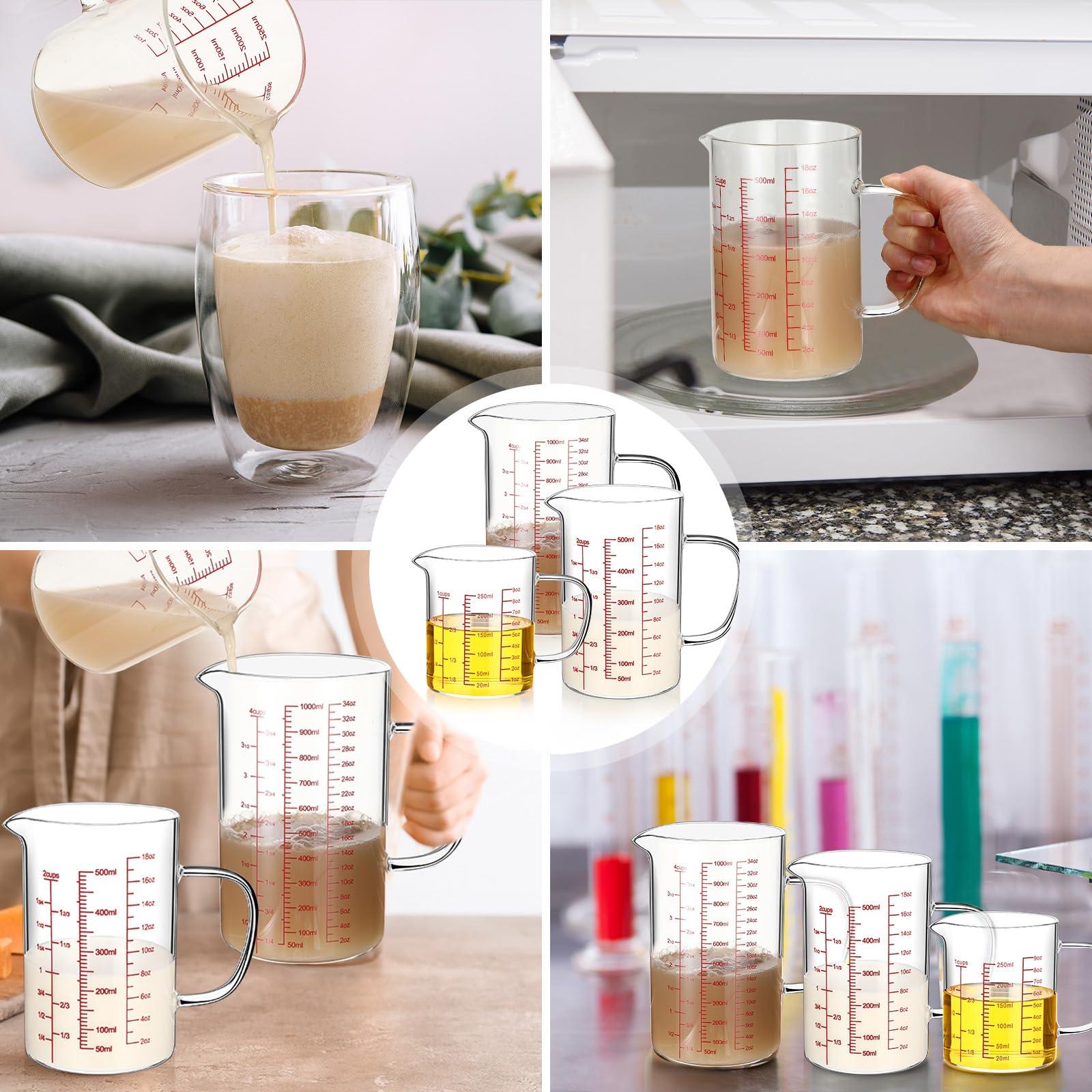 Lallisa 3 Pack High Borosilicate Glass Measuring Cups with Handle and V Shaped Spout with 3 Scales (Oz, Cup, Ml) for Kitchen Restaurant, Easy to Read, 4 Cup, 2 Cup, 1 Cup (Red Scale) - CookCave