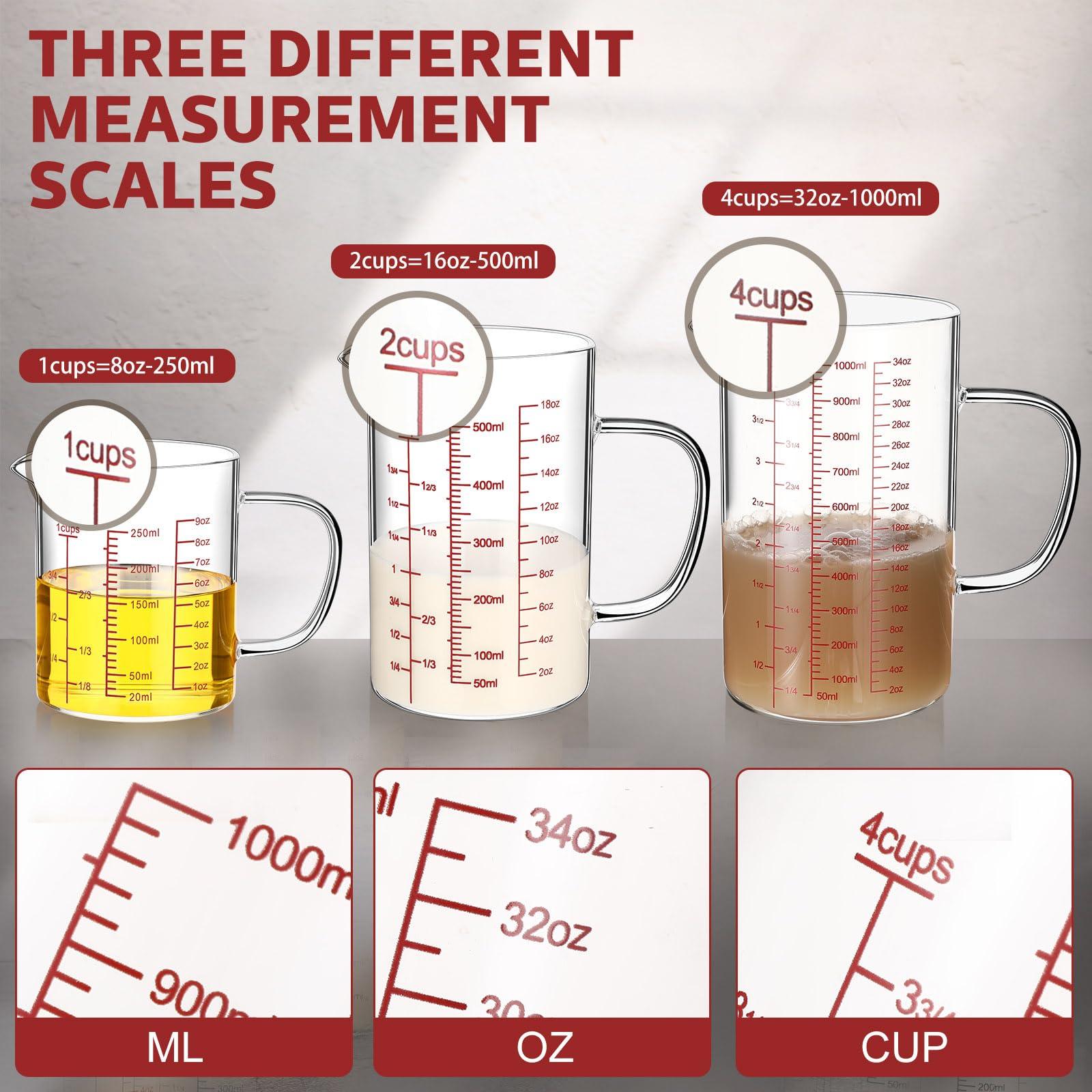 Lallisa 3 Pack High Borosilicate Glass Measuring Cups with Handle and V Shaped Spout with 3 Scales (Oz, Cup, Ml) for Kitchen Restaurant, Easy to Read, 4 Cup, 2 Cup, 1 Cup (Red Scale) - CookCave