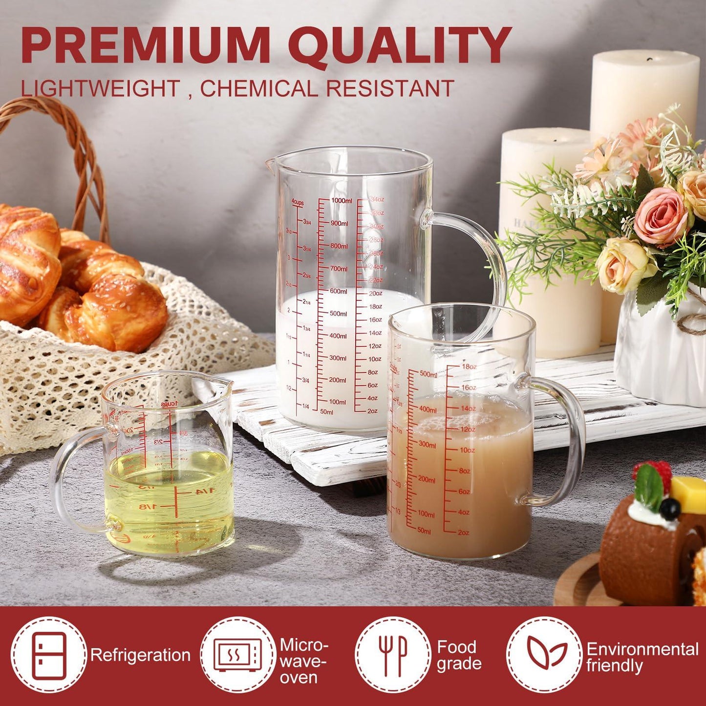Lallisa 3 Pack High Borosilicate Glass Measuring Cups with Handle and V Shaped Spout with 3 Scales (Oz, Cup, Ml) for Kitchen Restaurant, Easy to Read, 4 Cup, 2 Cup, 1 Cup (Red Scale) - CookCave