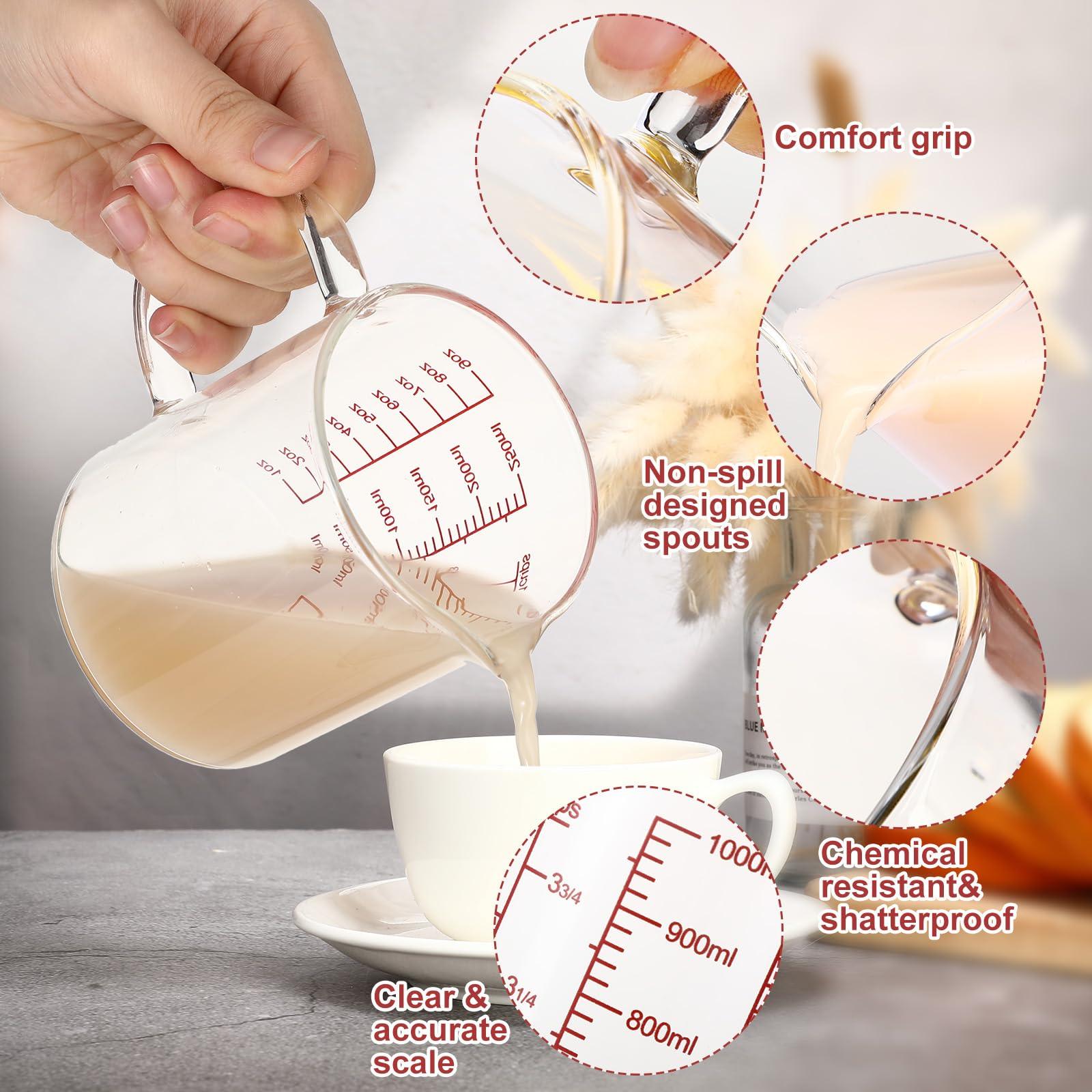 Lallisa 3 Pack High Borosilicate Glass Measuring Cups with Handle and V Shaped Spout with 3 Scales (Oz, Cup, Ml) for Kitchen Restaurant, Easy to Read, 4 Cup, 2 Cup, 1 Cup (Red Scale) - CookCave