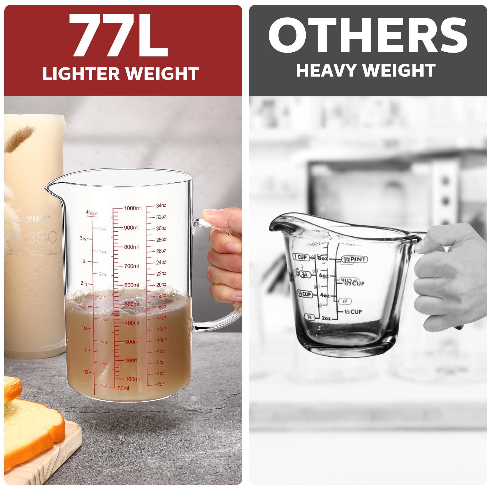 Lallisa 3 Pack High Borosilicate Glass Measuring Cups with Handle and V Shaped Spout with 3 Scales (Oz, Cup, Ml) for Kitchen Restaurant, Easy to Read, 4 Cup, 2 Cup, 1 Cup (Red Scale) - CookCave