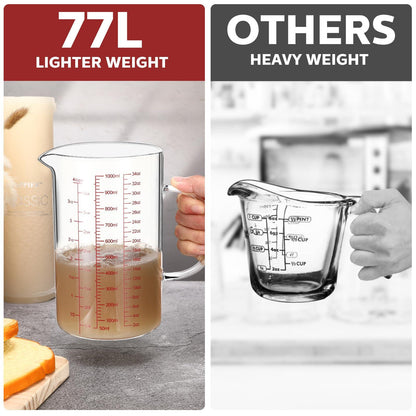 Lallisa 3 Pack High Borosilicate Glass Measuring Cups with Handle and V Shaped Spout with 3 Scales (Oz, Cup, Ml) for Kitchen Restaurant, Easy to Read, 4 Cup, 2 Cup, 1 Cup (Red Scale) - CookCave