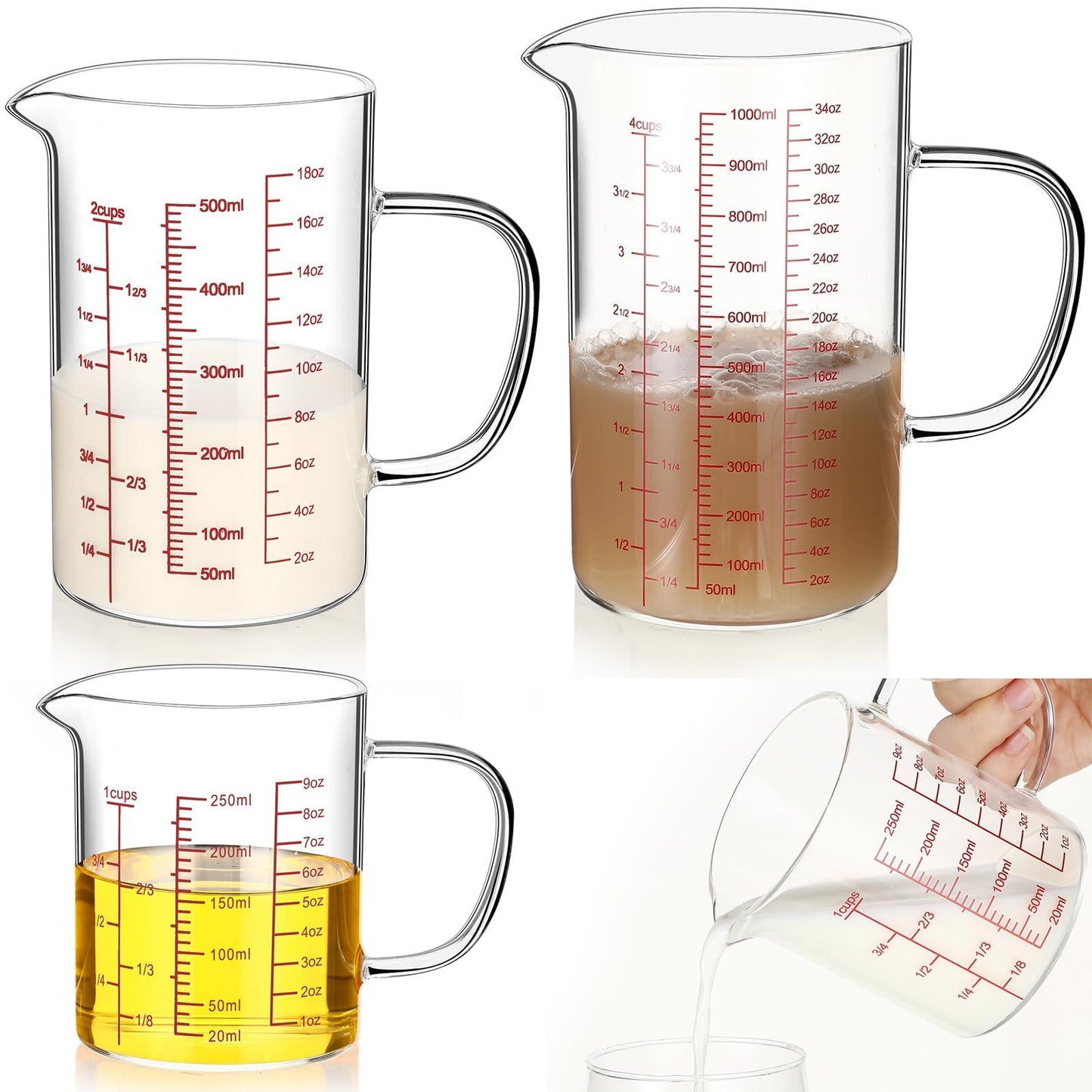 Lallisa 3 Pack High Borosilicate Glass Measuring Cups with Handle and V Shaped Spout with 3 Scales (Oz, Cup, Ml) for Kitchen Restaurant, Easy to Read, 4 Cup, 2 Cup, 1 Cup (Red Scale) - CookCave