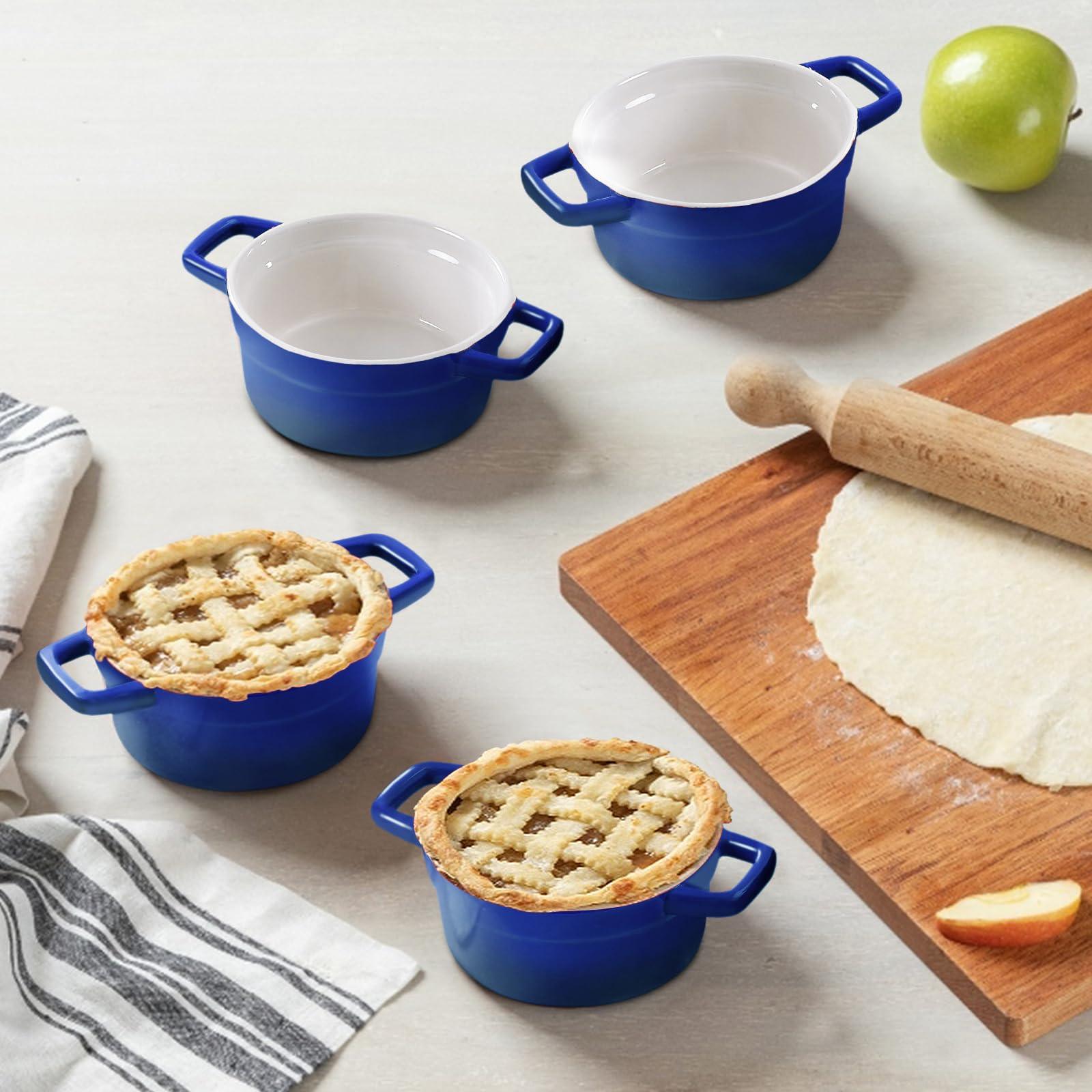 Lareina Mini Cocotte - 12oz Ceramic Casserole Dishes - Kitchen Casserole Sets With Handles And Lid - Small Baking Ramekins - Oven, Microwave & Dishwasher Safe - Set of 4 - Blue - CookCave