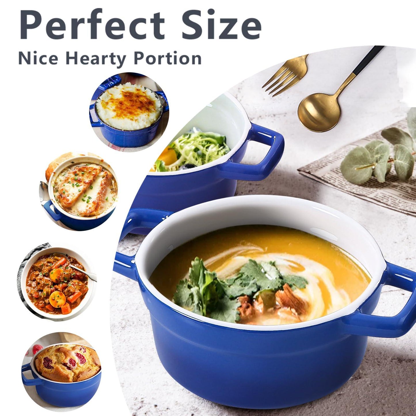 Lareina Mini Cocotte - 12oz Ceramic Casserole Dishes - Kitchen Casserole Sets With Handles And Lid - Small Baking Ramekins - Oven, Microwave & Dishwasher Safe - Set of 4 - Blue - CookCave