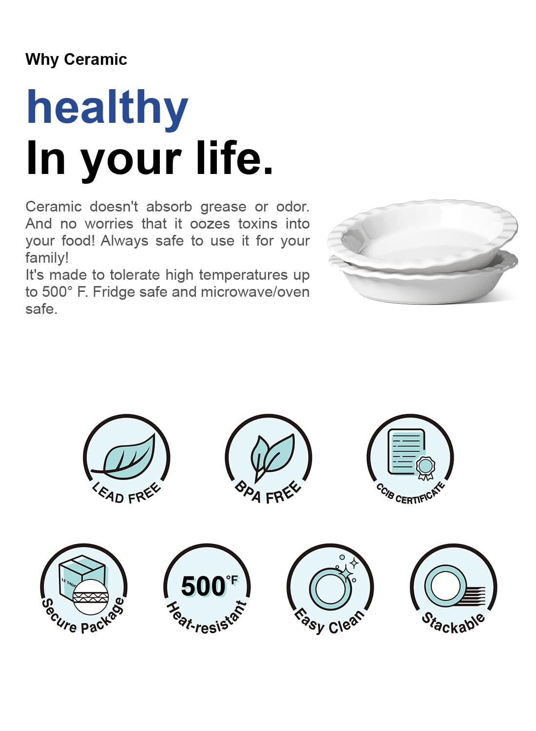 LE TAUCI Ceramic Pie Pans for Baking, 9 Inches Pie Plate for Apple Pie, Round Baking Dish, 36 Ounce Fluted Dish Pie Pan, Set of 2, White - CookCave