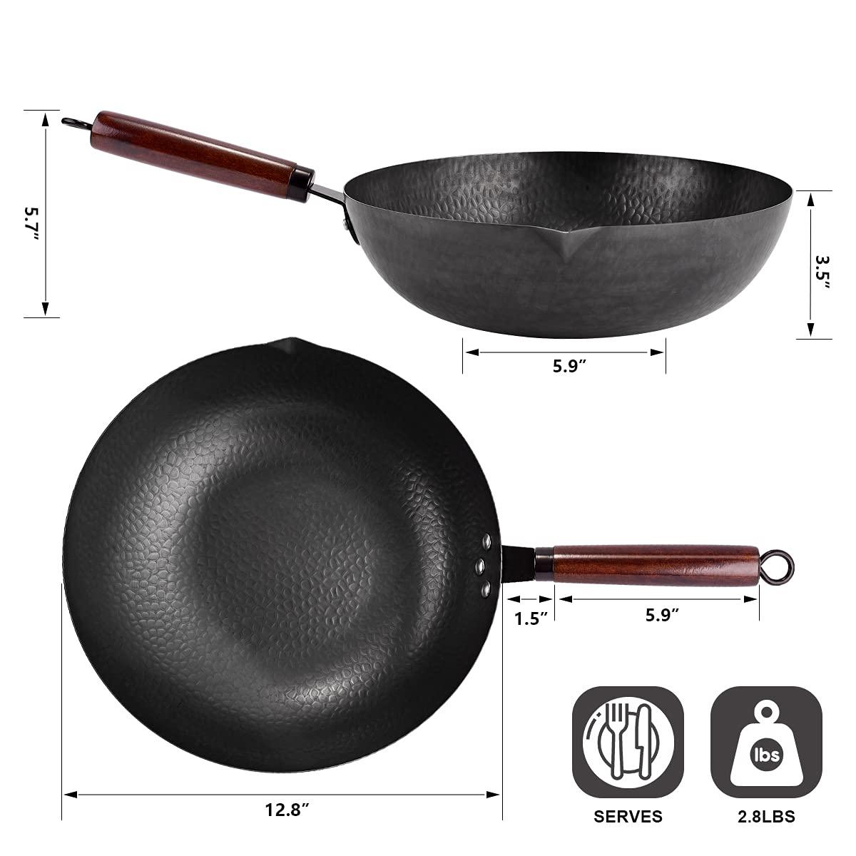 Leidawn 12.8" Carbon Steel Wok - 11Pcs Woks & Stir Fry Pans Wok Pan with Lid, No Chemical Coated Chinese Wok with 10 Cookware Accessories, Flat Bottom Wok for Electric, Induction,Gas Stoves - CookCave