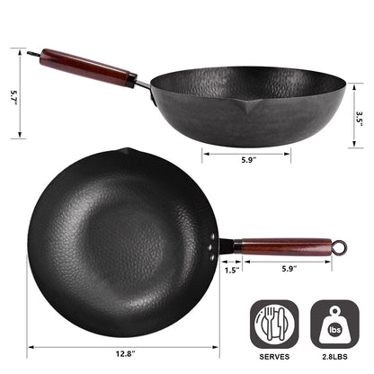 Leidawn 12.8" Carbon Steel Wok - 11Pcs Woks & Stir Fry Pans Wok Pan with Lid, No Chemical Coated Chinese Wok with 10 Cookware Accessories, Flat Bottom Wok for Electric, Induction,Gas Stoves - CookCave