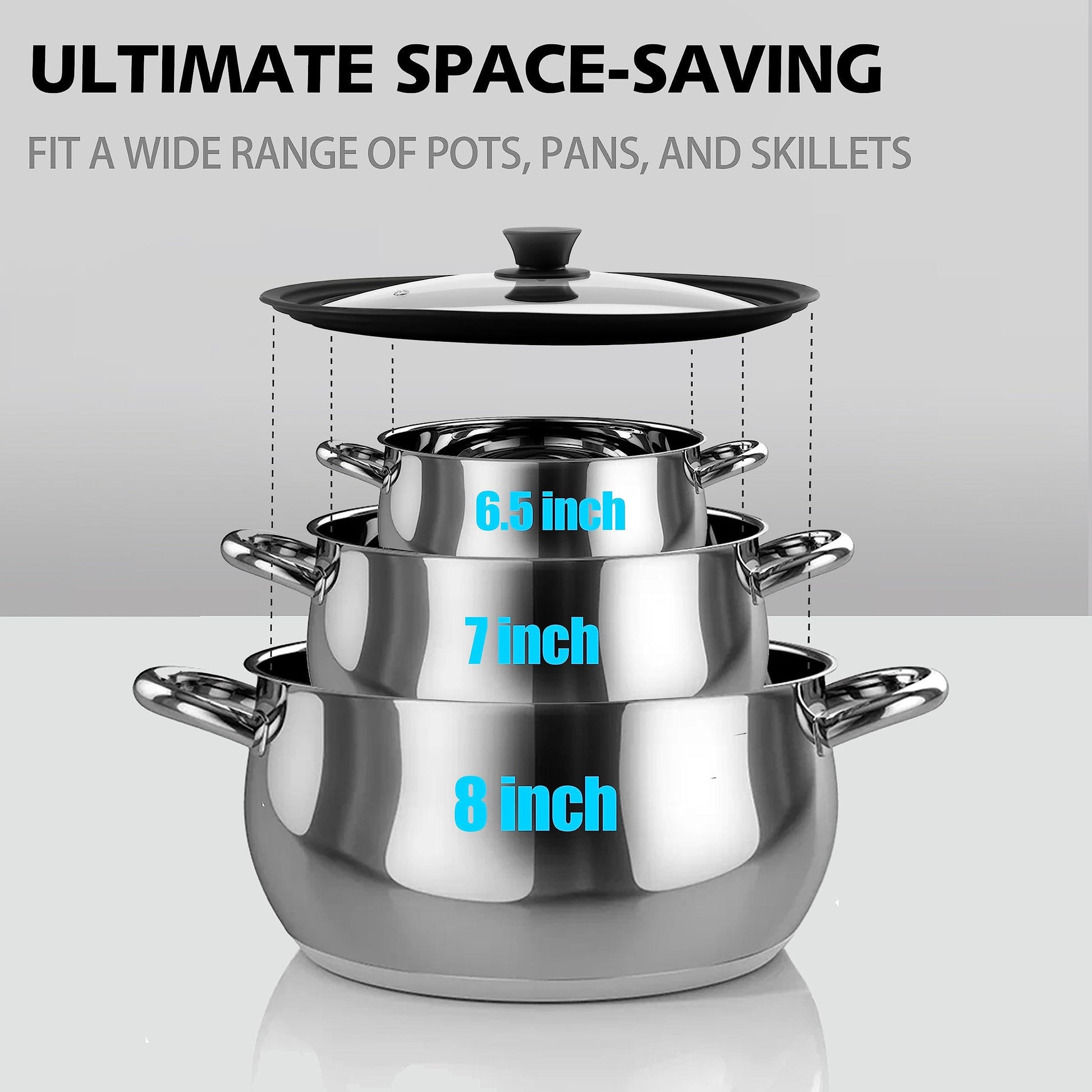 Lerykin Tempered Glass Lid - Universal Lid with Heat Resistant Silicone Rim for Pots, Pans and Skillets - Pan Cover Replacement Lid Fits 6.5", 7" and 8" Diameter Cookware - CookCave