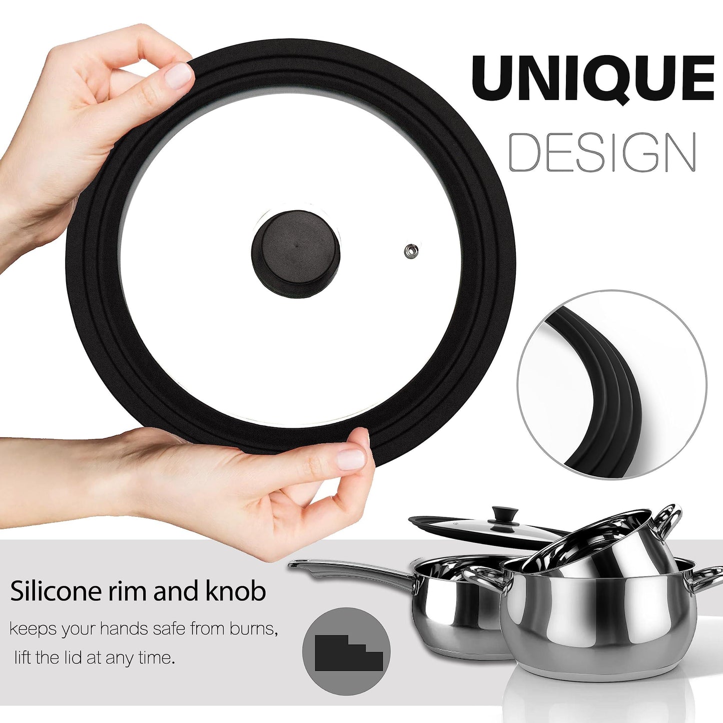 Lerykin Tempered Glass Lid - Universal Lid with Heat Resistant Silicone Rim for Pots, Pans and Skillets - Pan Cover Replacement Lid Fits 6.5", 7" and 8" Diameter Cookware - CookCave