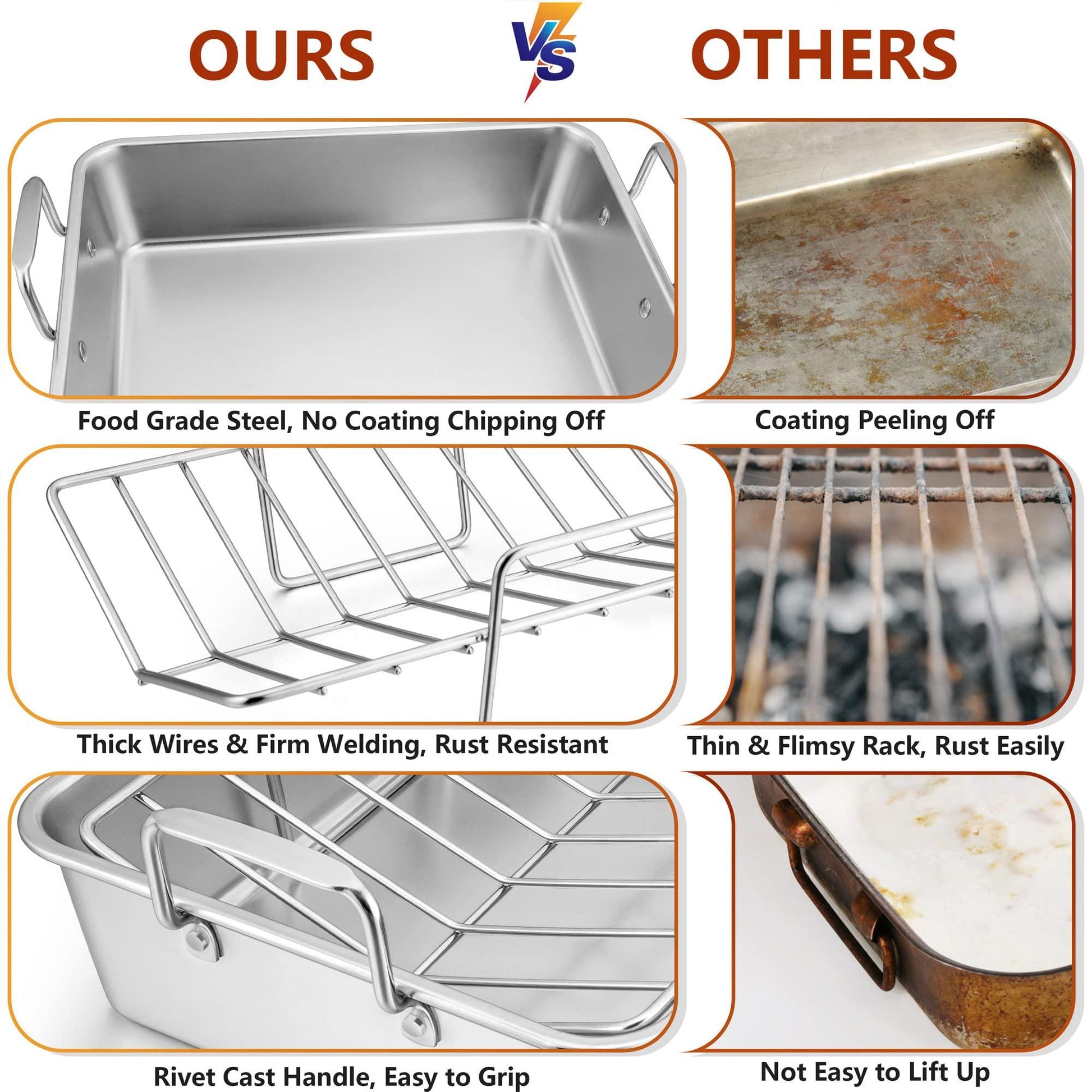 LIANYU Roasting Pan with Rack, 15 Inch Stainless Steel Turkey Roaster Pan with V-Shaped Rack and Baking Rack, Heavy Duty Roaster Pot for Turkey, Chicken, Vegetable, Lasagna, Dishwasher Safe - CookCave