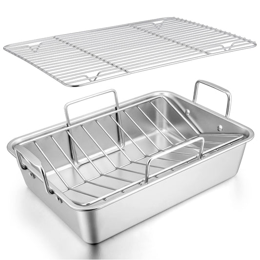 LIANYU Roasting Pan with Rack, 15 Inch Stainless Steel Turkey Roaster Pan with V-Shaped Rack and Baking Rack, Heavy Duty Roaster Pot for Turkey, Chicken, Vegetable, Lasagna, Dishwasher Safe - CookCave