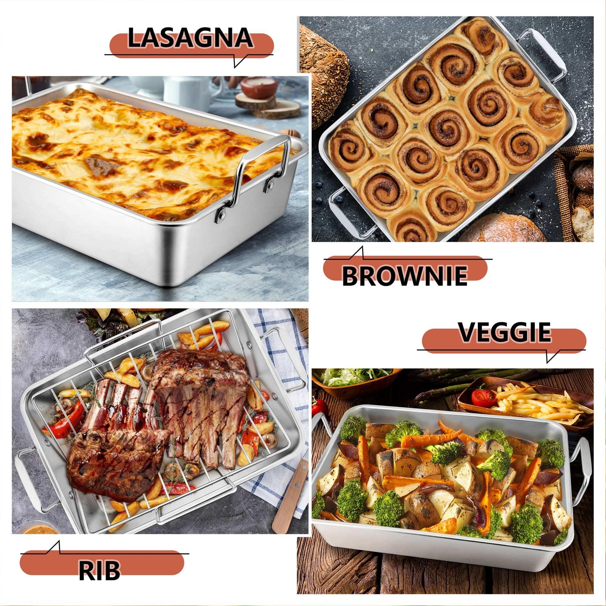 LIANYU Roasting Pan with Rack, 15 Inch Stainless Steel Turkey Roaster Pan with V-Shaped Rack and Baking Rack, Heavy Duty Roaster Pot for Turkey, Chicken, Vegetable, Lasagna, Dishwasher Safe - CookCave