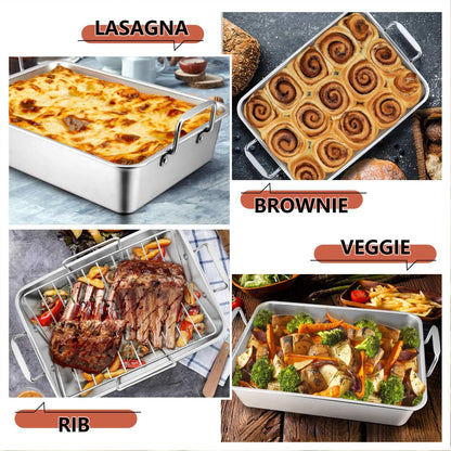 LIANYU Roasting Pan with Rack, 15 Inch Stainless Steel Turkey Roaster Pan with V-Shaped Rack and Baking Rack, Heavy Duty Roaster Pot for Turkey, Chicken, Vegetable, Lasagna, Dishwasher Safe - CookCave