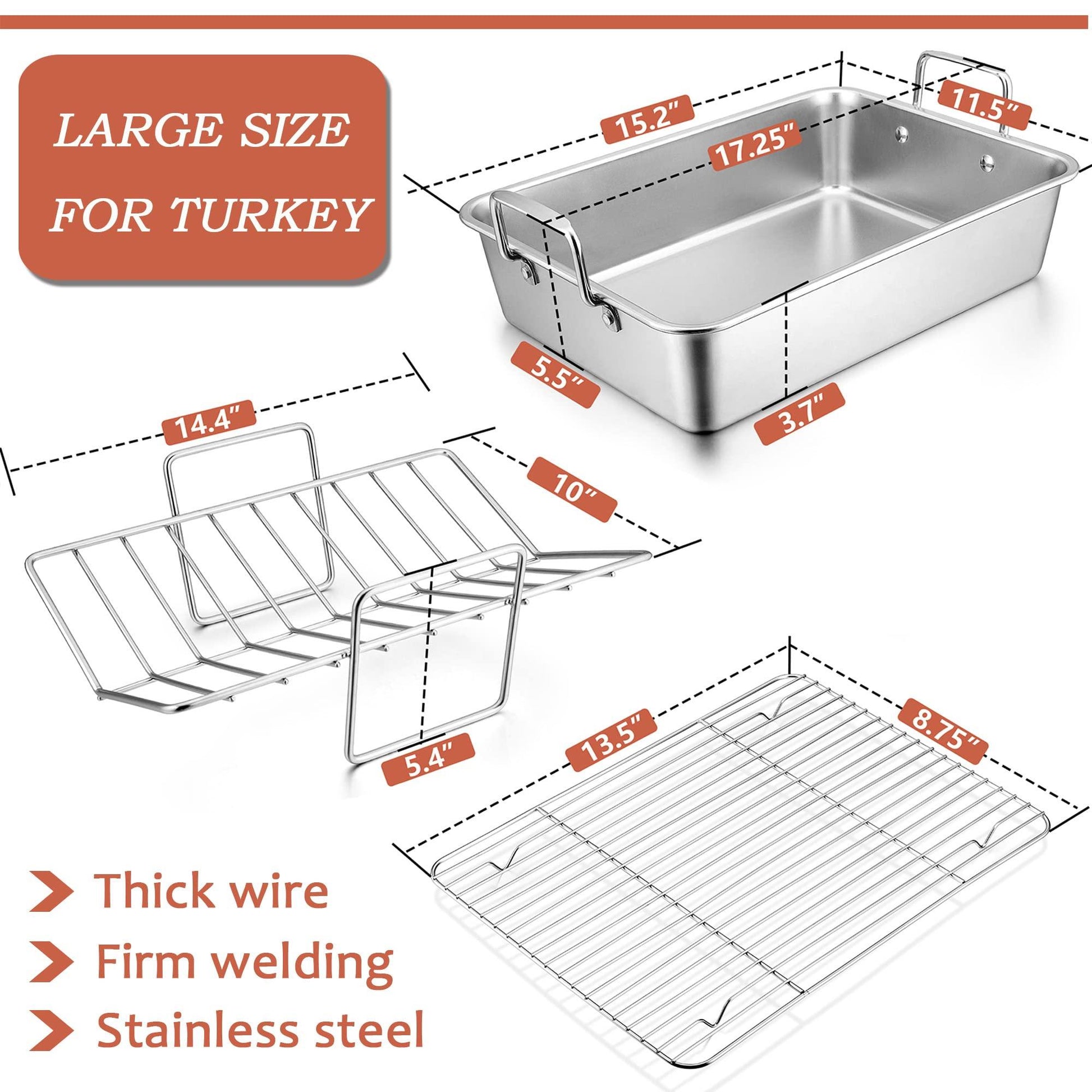LIANYU Roasting Pan with Rack, 15 Inch Stainless Steel Turkey Roaster Pan with V-Shaped Rack and Baking Rack, Heavy Duty Roaster Pot for Turkey, Chicken, Vegetable, Lasagna, Dishwasher Safe - CookCave