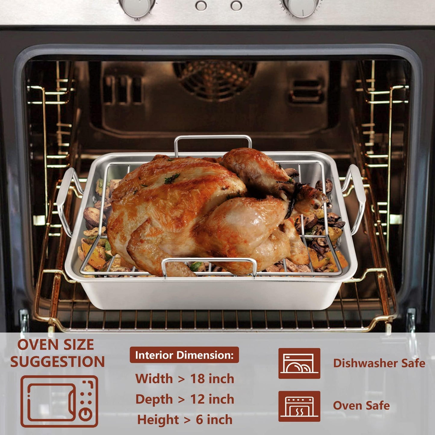 LIANYU Roasting Pan with Rack, 15 Inch Stainless Steel Turkey Roaster Pan with V-Shaped Rack and Baking Rack, Heavy Duty Roaster Pot for Turkey, Chicken, Vegetable, Lasagna, Dishwasher Safe - CookCave